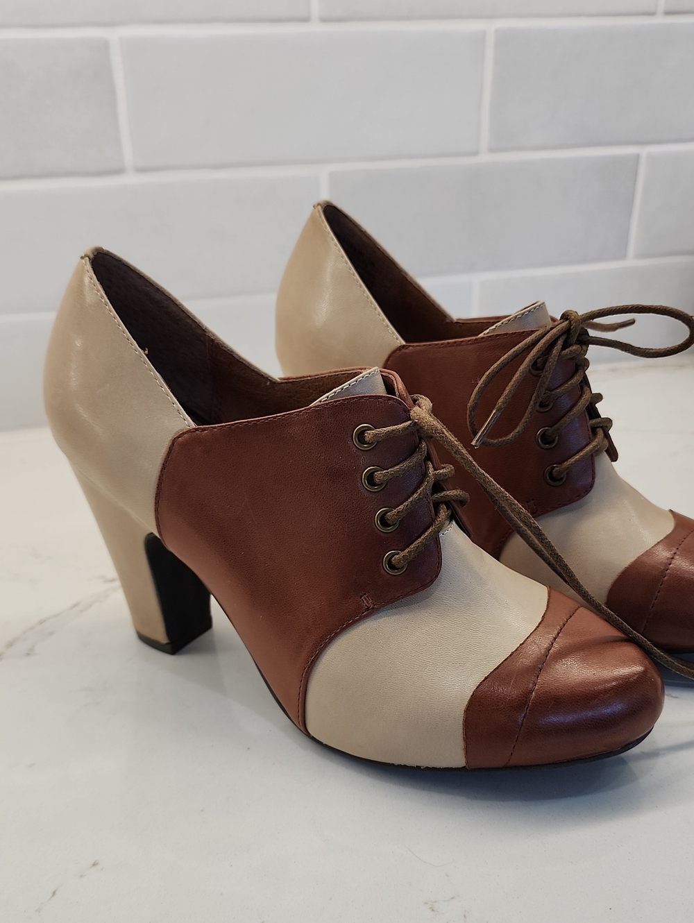 Miz Mooz Two-Tone Brown and Cream Lace-Up Block Heels